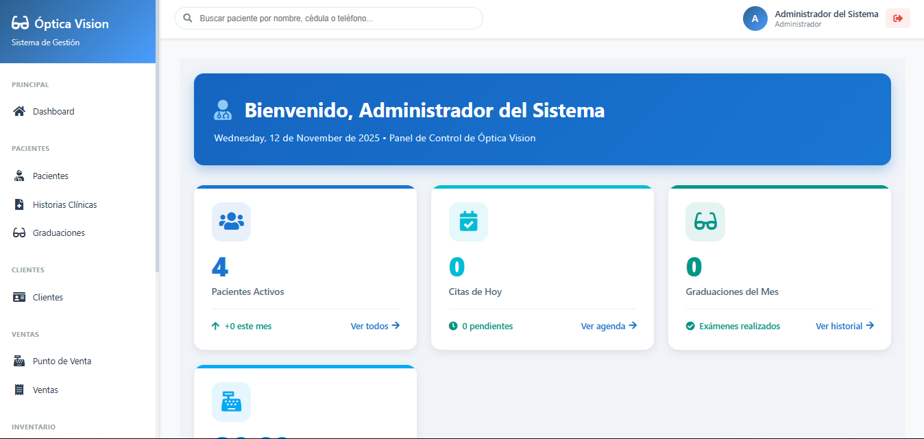 Dashboard Principal del ERP para Ópticas